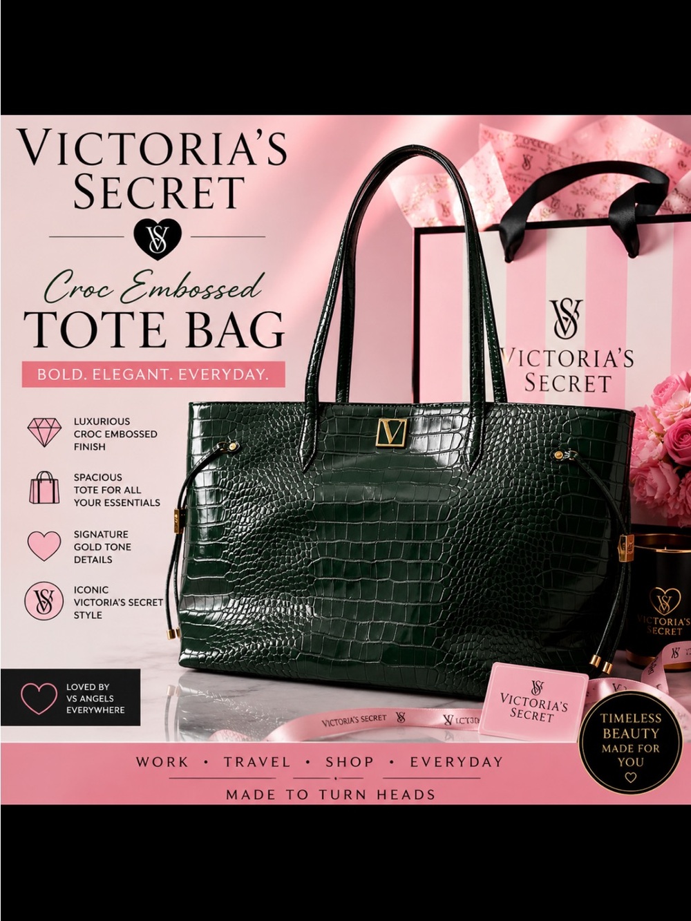 Victoria's Secret Croc-Embossed Tote Bag - Green